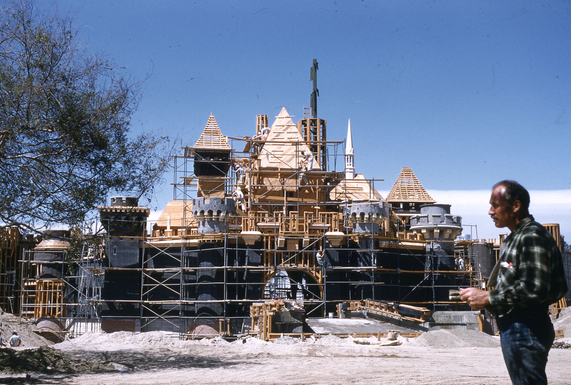 Sleeping Beauty Castle in scaffolding, Anaheim, 1955.