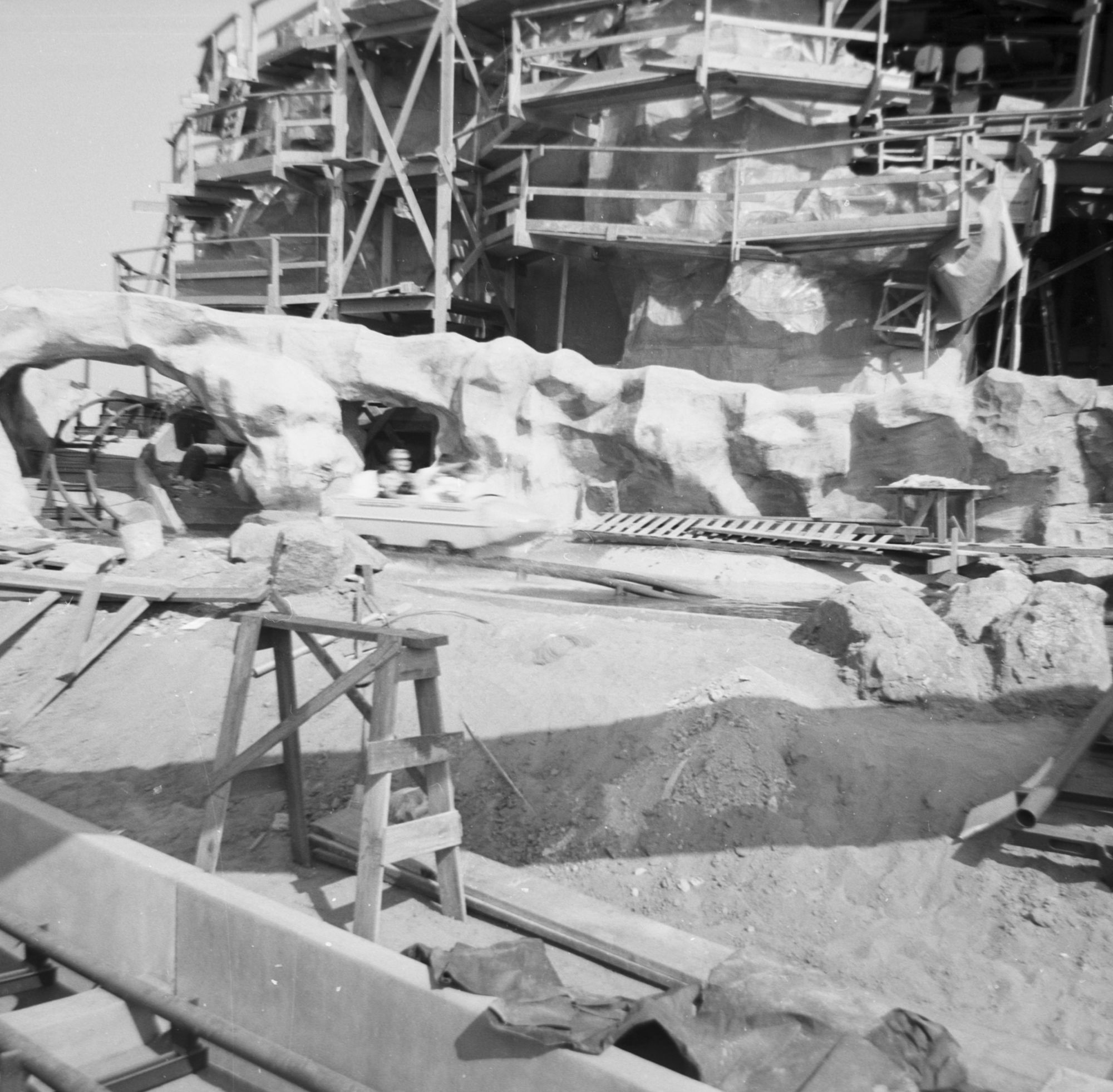 A bobsled test run through the unfinished Matterhorn, 1959.